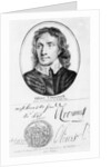 Portrait of Oliver Cromwell from an original by Peter Lely of 1653, and his seal and autographs by English School