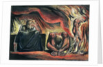 Jerusalem The Emanation of the Giant Albion; plate 51 Vala, Hyle and Skofeld, showing the crowned Vala crouched in despair with two of her acolytes: Hyle and Scofeld, c.1804-20 by William Blake