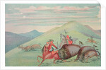 Buffalo bull protecting calf and mother under attack by George Catlin