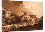 Cottages before a stormy sky by Rembrandt Harmensz. van Rijn
