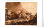 Cottages before a stormy sky by Rembrandt Harmensz. van Rijn