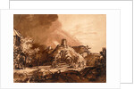 Cottages before a stormy sky by Rembrandt Harmensz. van Rijn