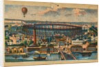 View of the Paris Exposition of 1867 showing waterfront, main exhibit building, and balloon flying in the distance by French School