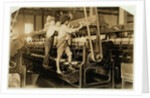 Small boys climbing on spinning frame to mend broken threads and replace empty bobbins at Bibb Mill, Macon, Georgia, 1909 by Lewis Wickes Hine
