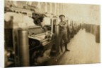 Boy sweeper by carding machines at Lincoln Cotton Mills, Evansville, Indiana in stockinged feet on a slippery floor, 1908 by Lewis Wickes Hine