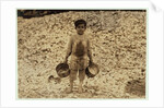 5 year old migrant shrimp-picker Manuel in front of a pile of oyster shells by Lewis Wickes Hine