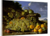 Still life with plate of grapes, peaches, pears and plums in a landscape, c.1771 by Luis Egidio Menendez or Melendez