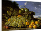 Still life with plate of grapes, peaches, pears and plums in a landscape, c.1771 by Luis Egidio Menendez or Melendez