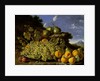 Still life with plate of grapes, peaches, pears and plums in a landscape, c.1771 by Luis Egidio Menendez or Melendez