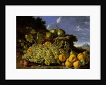 Still life with plate of grapes, peaches, pears and plums in a landscape, c.1771 by Luis Egidio Menendez or Melendez