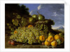 Still life with plate of grapes, peaches, pears and plums in a landscape, c.1771 by Luis Egidio Menendez or Melendez