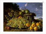 Still life with plate of grapes, peaches, pears and plums in a landscape, c.1771 by Luis Egidio Menendez or Melendez