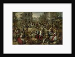 Marketplace, with the Flagellation, the Ecce Homo and the Bearing of the Cross in the background, 1550-90 by Joachim (circle of) Beuckelaer or Bueckelaer