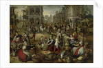 Marketplace, with the Flagellation, the Ecce Homo and the Bearing of the Cross in the background, 1550-90 by Joachim (circle of) Beuckelaer or Bueckelaer