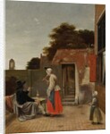A Man Smoking and a Woman Drinking in a Courtyard, c.1658-60 by Pieter de Hooch