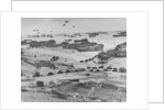 D Day: view of landing craft, barrage balloons, and allied troops landing in Normandy, 1944 by American Photographer