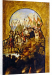 The arrival of the Spanish, lead by Cortez, in the plateau of Mexico City by Spanish School