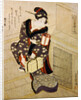 Woman climbing the stairs holding a lamp and a box by Utagawa Sadakage