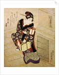 Woman climbing the stairs holding a lamp and a box by Utagawa Sadakage