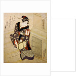 Woman climbing the stairs holding a lamp and a box by Utagawa Sadakage