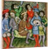 Seated crowned figure surrounded by musicians playing the lute, bagpipes, triangle, horn, viola and drums by Czech School