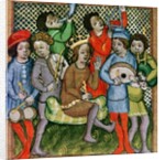 Seated crowned figure surrounded by musicians playing the lute, bagpipes, triangle, horn, viola and drums by Czech School