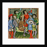 Seated crowned figure surrounded by musicians playing the lute, bagpipes, triangle, horn, viola and drums by Czech School