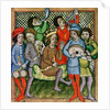 Seated crowned figure surrounded by musicians playing the lute, bagpipes, triangle, horn, viola and drums by Czech School