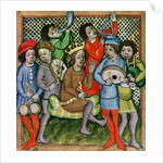 Seated crowned figure surrounded by musicians playing the lute, bagpipes, triangle, horn, viola and drums by Czech School