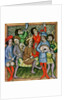 Seated crowned figure surrounded by musicians playing the lute, bagpipes, triangle, horn, viola and drums by Czech School