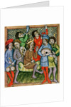 Seated crowned figure surrounded by musicians playing the lute, bagpipes, triangle, horn, viola and drums by Czech School