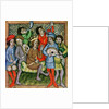 Seated crowned figure surrounded by musicians playing the lute, bagpipes, triangle, horn, viola and drums by Czech School
