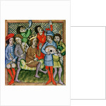 Seated crowned figure surrounded by musicians playing the lute, bagpipes, triangle, horn, viola and drums by Czech School