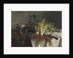 Still Life on Kitchen Table with Celery, Parsley, Bowl and Cruets, 1865 by Leon Bonvin