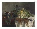 Still Life on Kitchen Table with Celery, Parsley, Bowl and Cruets, 1865 by Leon Bonvin