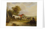 Horses Grazing: A Grey Stallion grazing with Mares in a Meadow by Francis Calcraft Turner