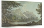 Lodore Rocks - fall & cottage distance by Joseph Farington