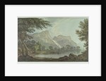 Lodore Rocks - fall & cottage distance by Joseph Farington