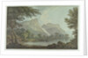 Lodore Rocks - fall & cottage distance by Joseph Farington