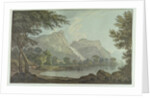Lodore Rocks - fall & cottage distance by Joseph Farington