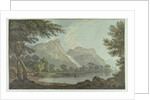 Lodore Rocks - fall & cottage distance by Joseph Farington