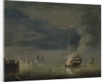 A Two-Decker on Fire at Night off a Fort, c.1740 by Charles Brooking