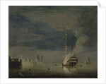 A Two-Decker on Fire at Night off a Fort, c.1740 by Charles Brooking