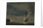 A Two-Decker on Fire at Night off a Fort, c.1740 by Charles Brooking