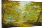 A Wooded Landscape with a Stream and a Fisherman by Thomas Smith of Derby