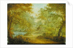 A Wooded Landscape with a Stream and a Fisherman by Thomas Smith of Derby