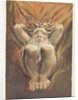 A naked man crouched in flames, with his hands behind his head by William Blake