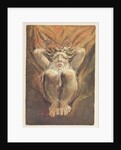 A naked man crouched in flames, with his hands behind his head by William Blake