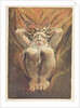 A naked man crouched in flames, with his hands behind his head by William Blake