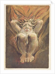 A naked man crouched in flames, with his hands behind his head by William Blake